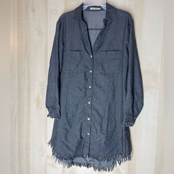 Francis Cabrel denim shirt dress with distressed hem and long‎ sleeve, small - Picture 1 of 14